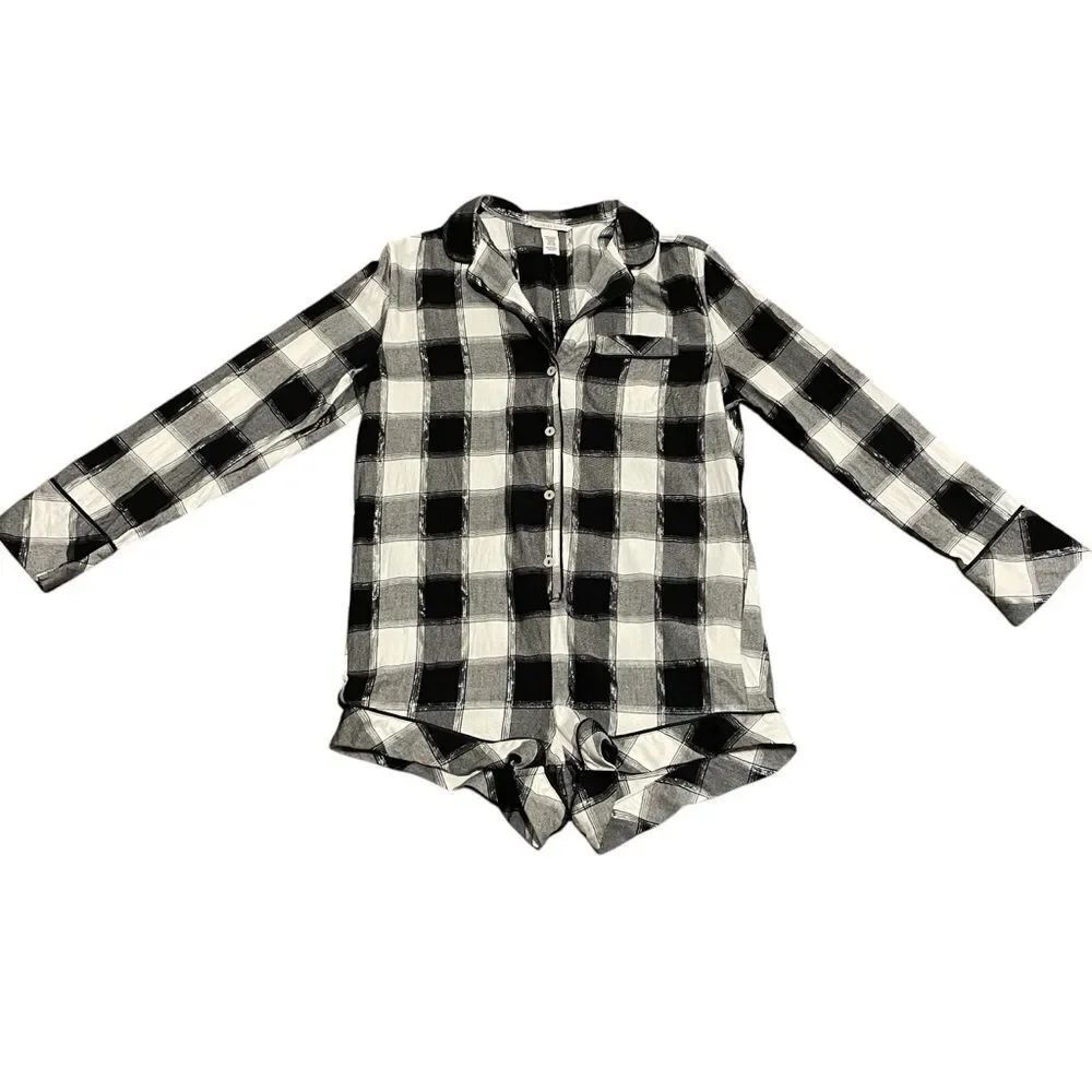 Victoria's Secret Flannel Romper Black White Buffalo Plaid Pajamas Size XS